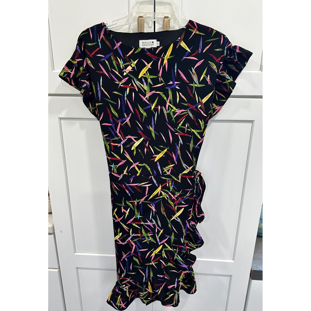Molly Bracken Womens Small Black Multi Color Ruffle Mini Dress Wrap Look